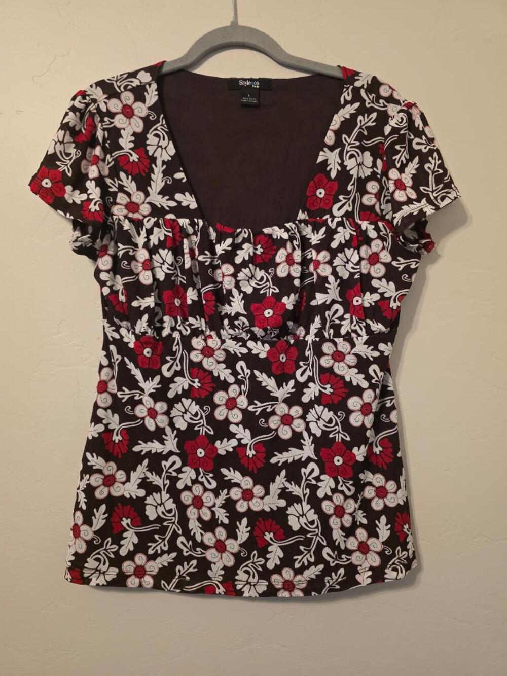 Style & Co Petite Floral Blouse Large Brown Red Square Neck